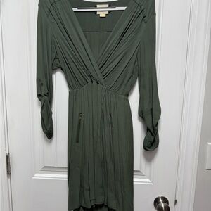 Maeve Green Ruched Wrap Dress with Dolman Sleeves